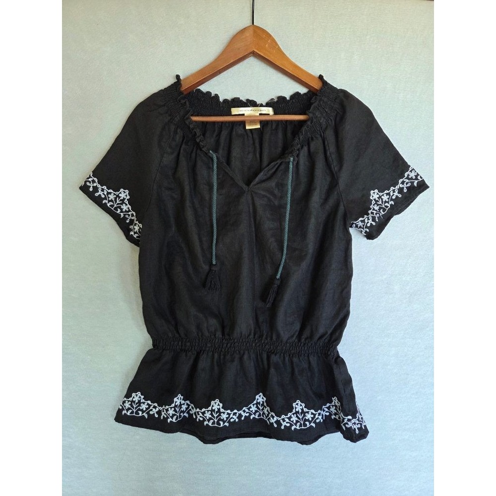 Ecologie 100% Linen Peasant Top M Black Dark Boho Cottagecore Floral Embroidered - Picture 2 of 8
